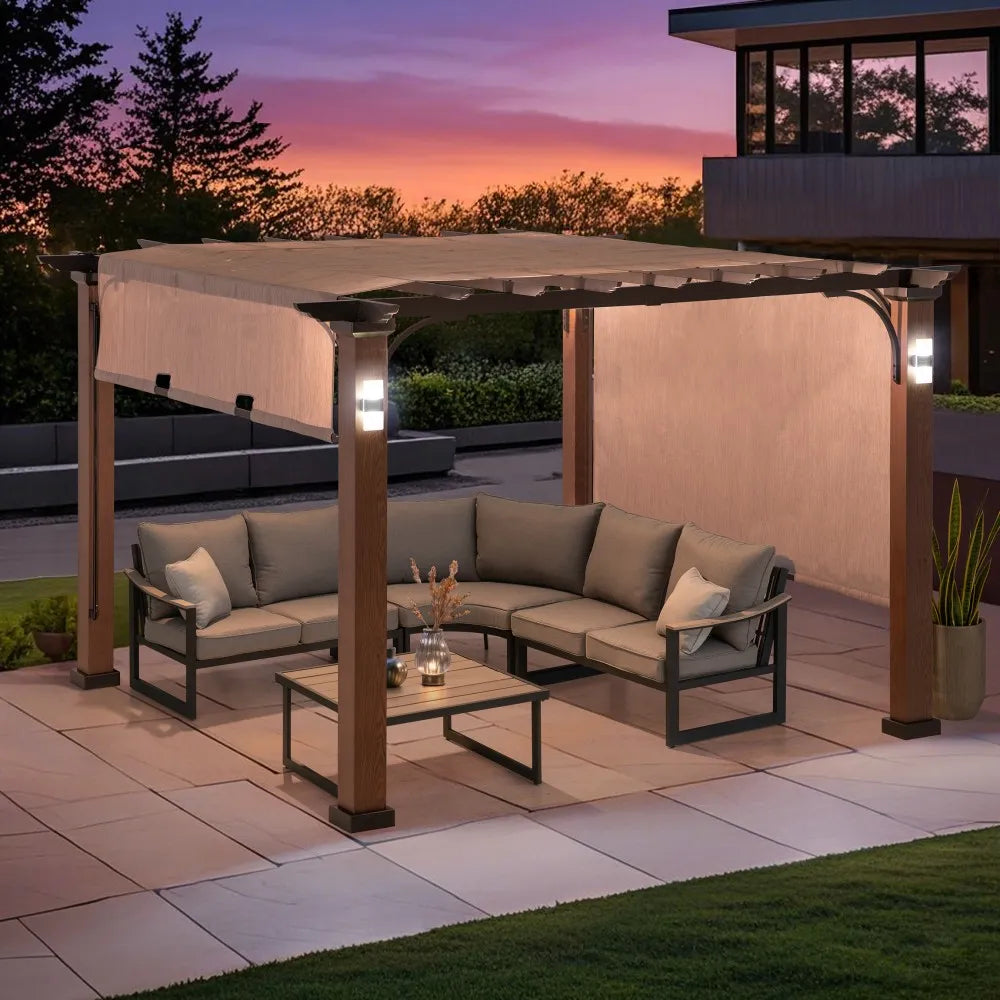 Outdoor Pergola Wood-Look Metal Frame with Sliding Canopy & Solar Lights, Patio Gazebo