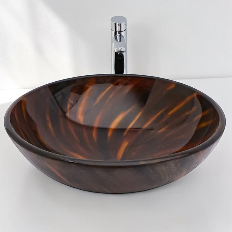 Round Glass Vessel Sink, Amber Brown 16.5 Inch with Pop-Up Drain, Bathroom Vanity Sink
