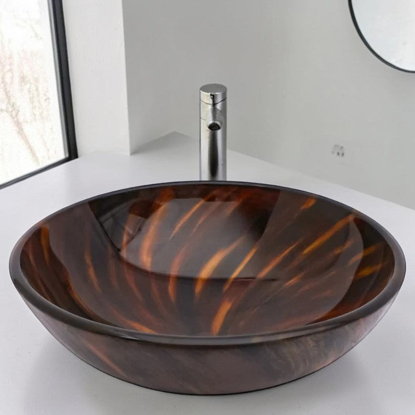 Round Glass Vessel Sink, Amber Brown 16.5 Inch with Pop-Up Drain, Bathroom Vanity Sink