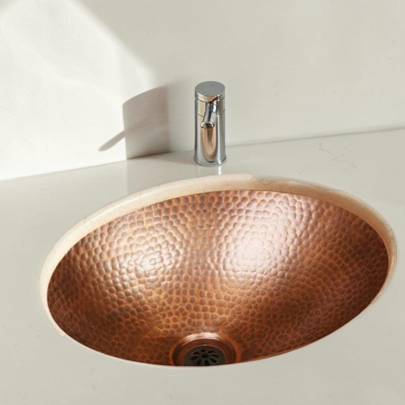Hammered Copper Vessel Sink, Oval 17x13 Inch, Rustic Bathroom Vanity Sink