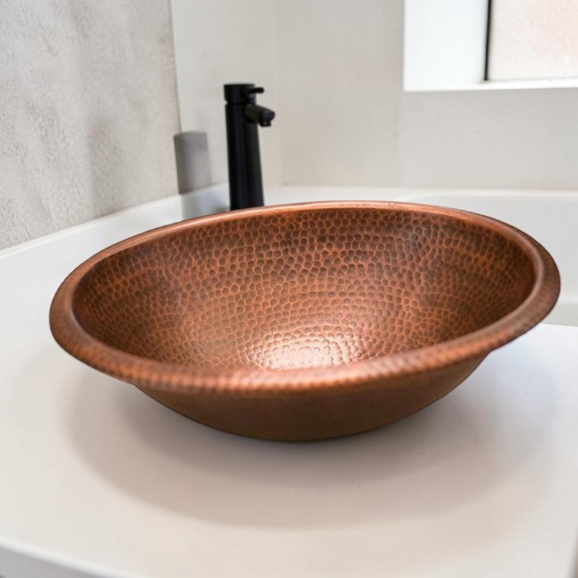Hammered Copper Vessel Sink, Oval 17x13 Inch, Rustic Bathroom Vanity Sink