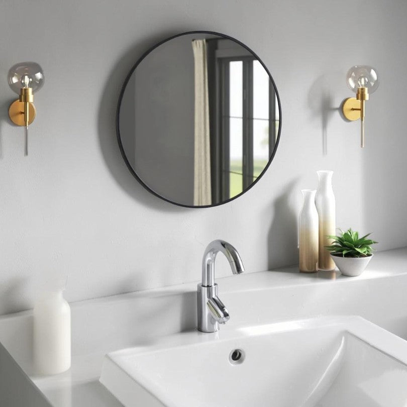 Round Wall Mirror, Black Metal Frame 18-Inch, Modern Bathroom Accent Mirror