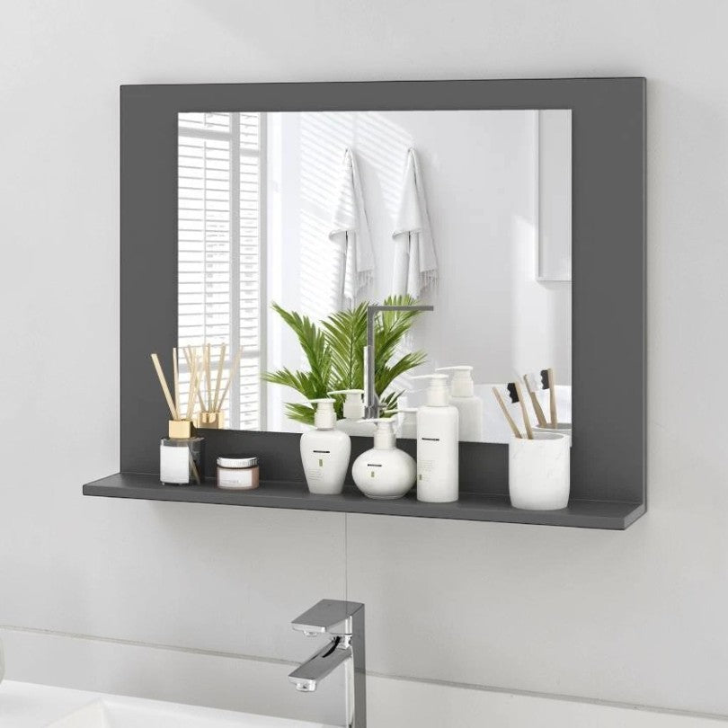 Rectangular Wall Mirror with Shelf, Gray Wood 23x17 Inch, Bathroom Storage Mirror