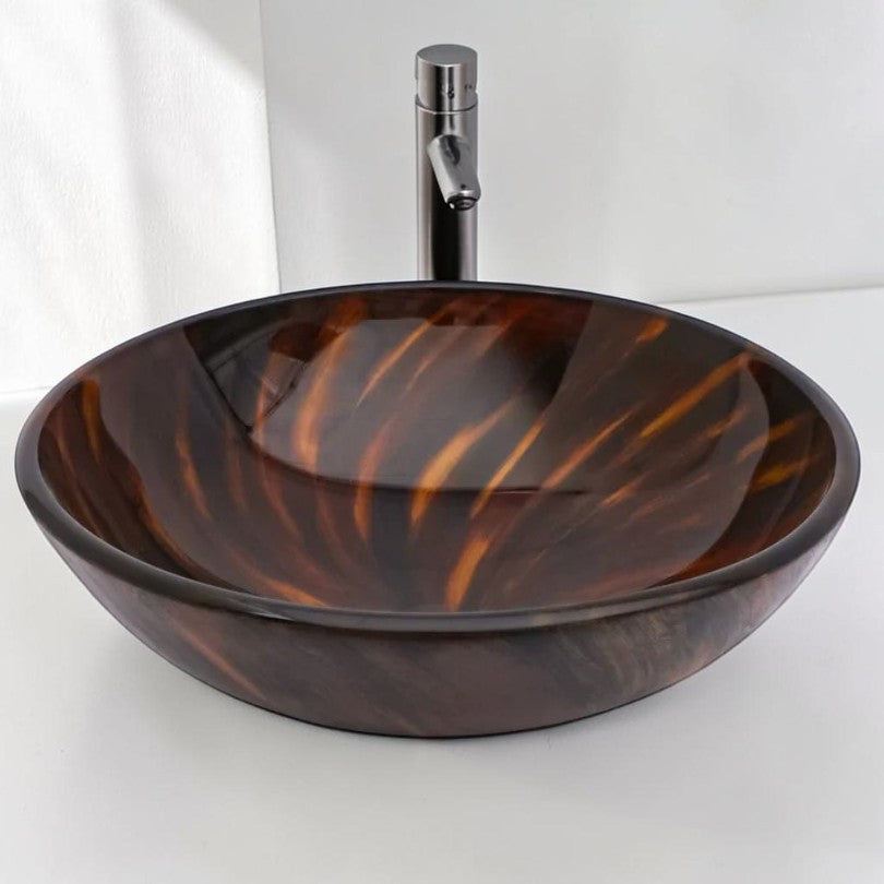 Round Glass Vessel Sink, Amber Brown 16.5 Inch with Pop-Up Drain, Bathroom Vanity Sink