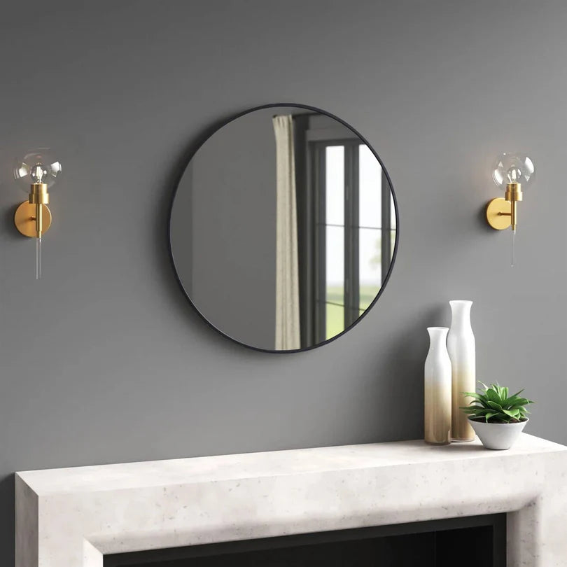 Round Wall Mirror, Black Metal Frame 18-Inch, Modern Bathroom Accent Mirror