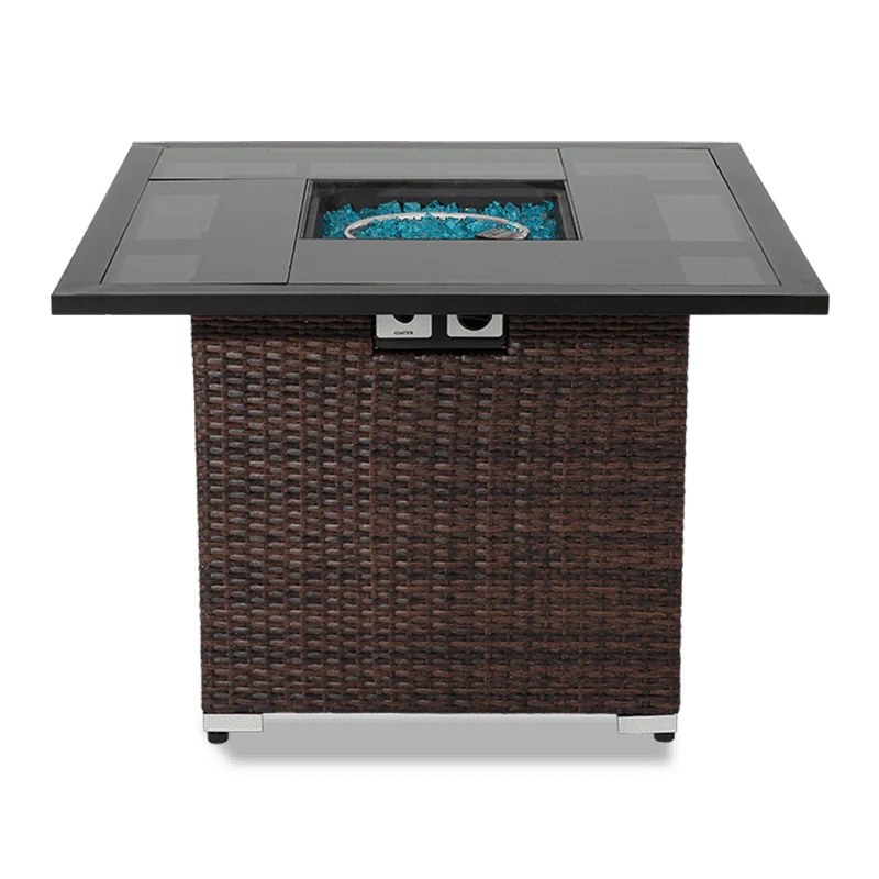 Modern Wicker Square Fire Pit Table, Mixed Brown PE Rattan with Glass Top & Hidden Tank Storage, Outdoor Fire Pit
