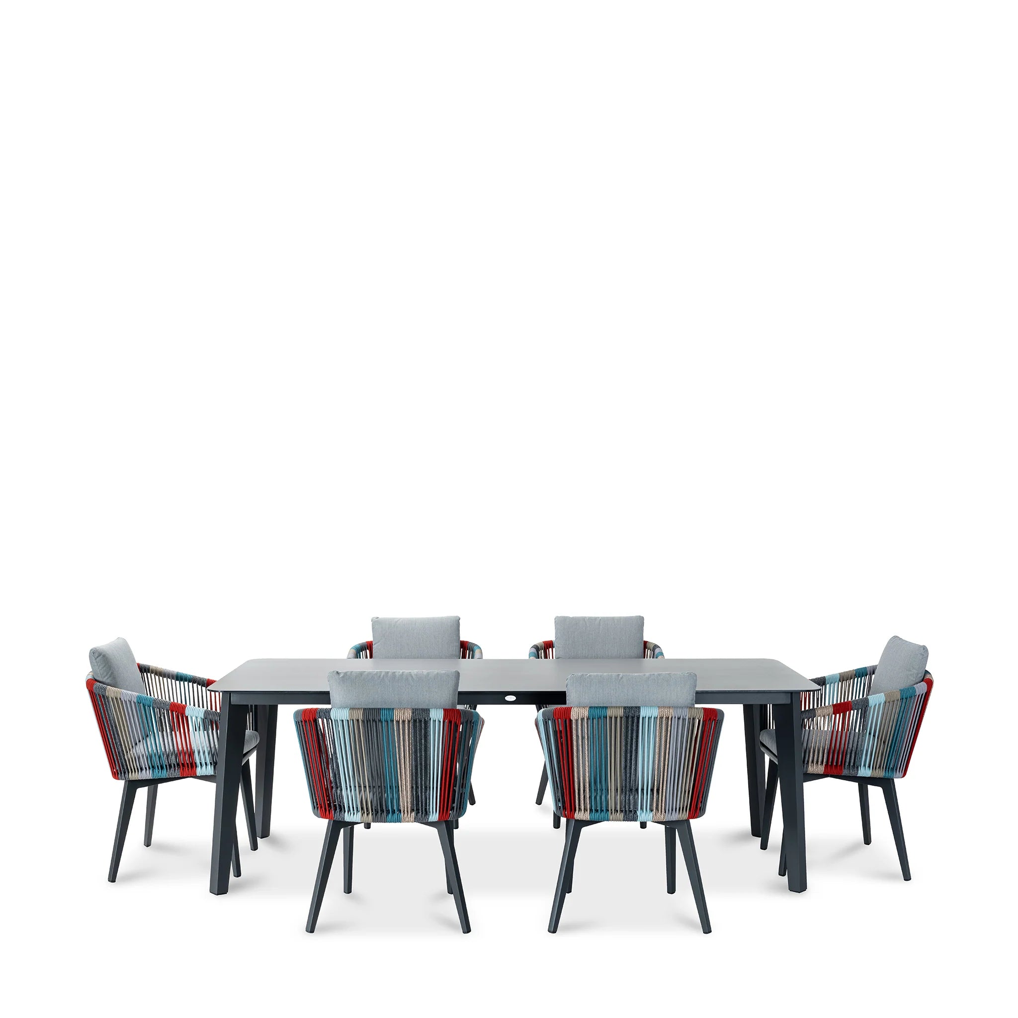 Modern Outdoor Dining Set with Marble Top Table & 6 Woven Rope Chairs, Multicolor Patio Furniture Set