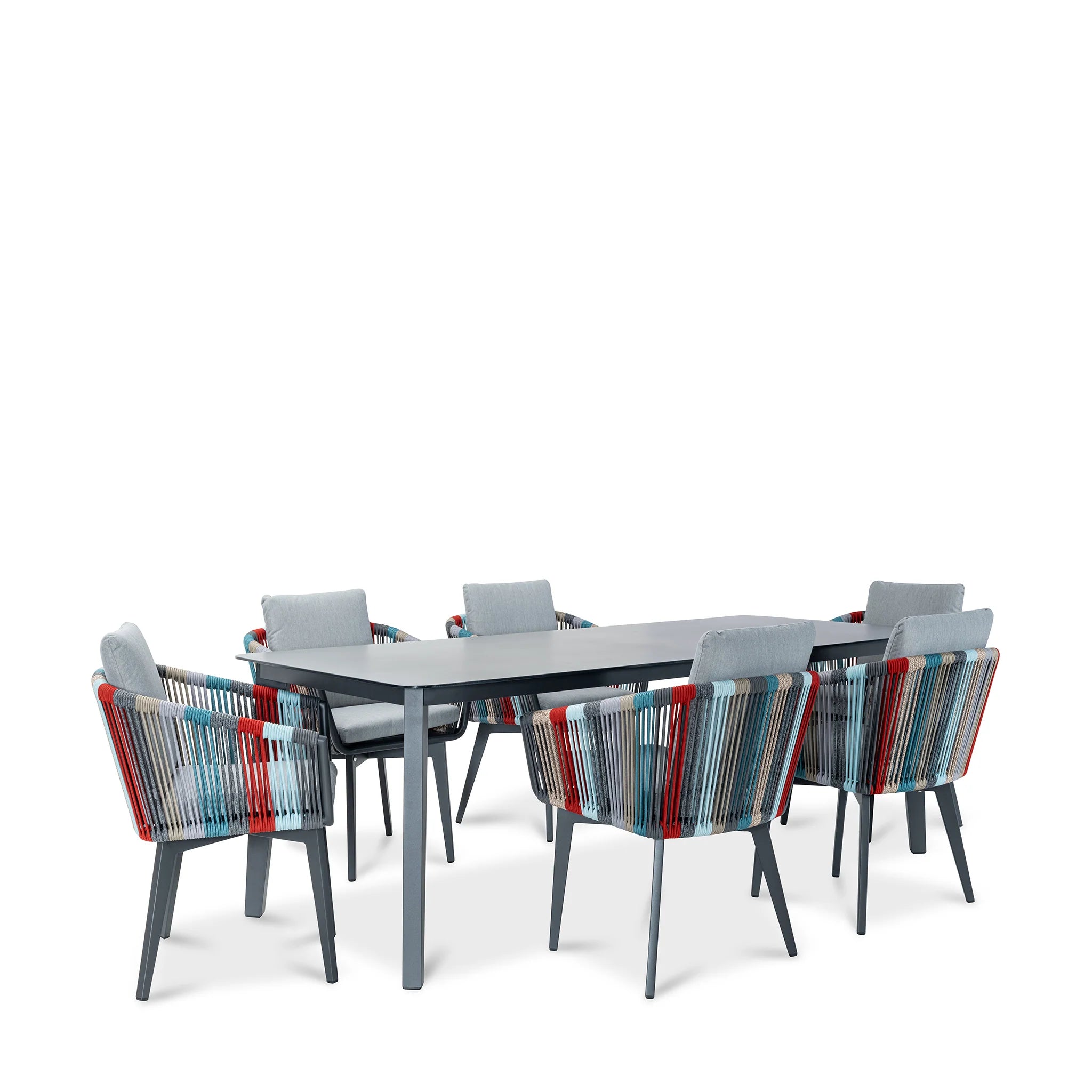 Modern Outdoor Dining Set with Marble Top Table & 6 Woven Rope Chairs, Multicolor Patio Furniture Set