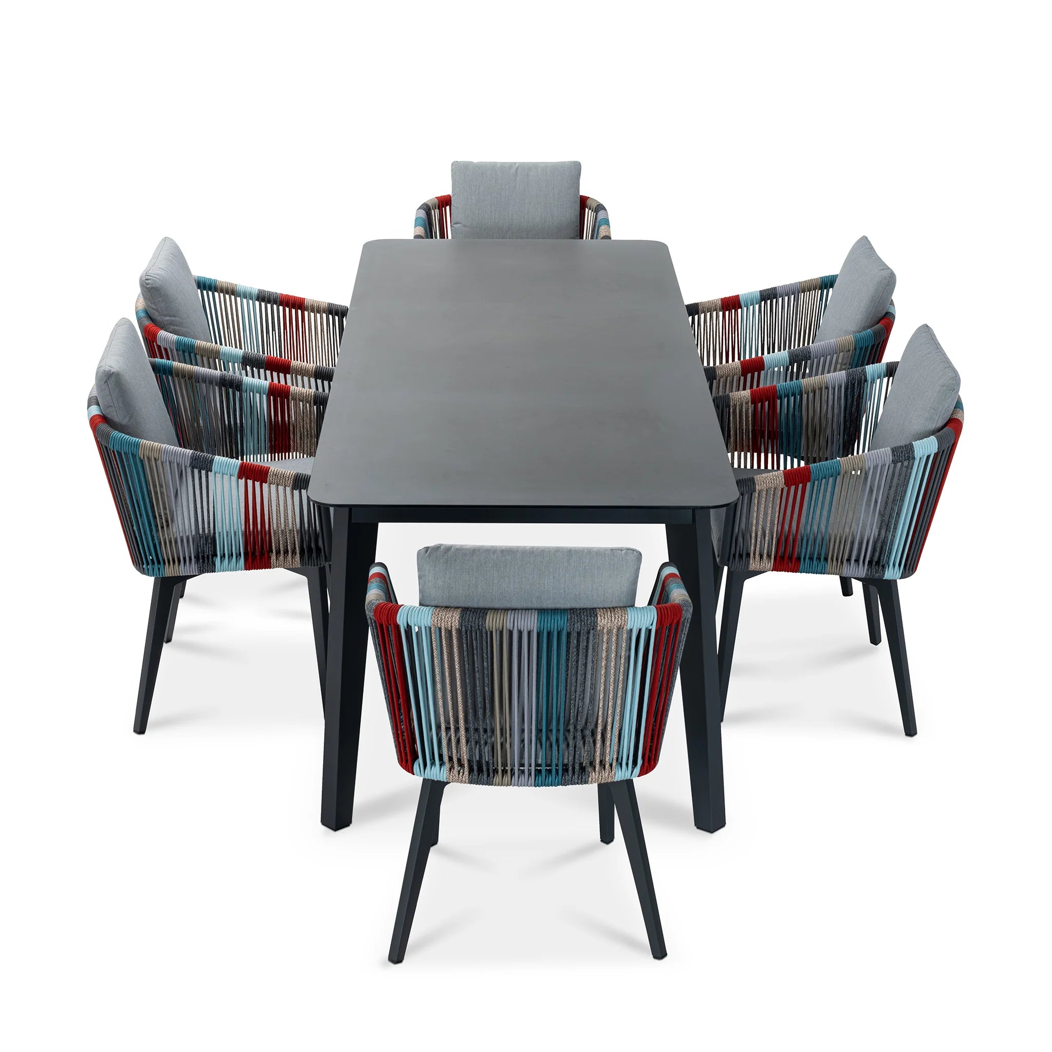 Modern Outdoor Dining Set with Marble Top Table & 6 Woven Rope Chairs, Multicolor Patio Furniture Set