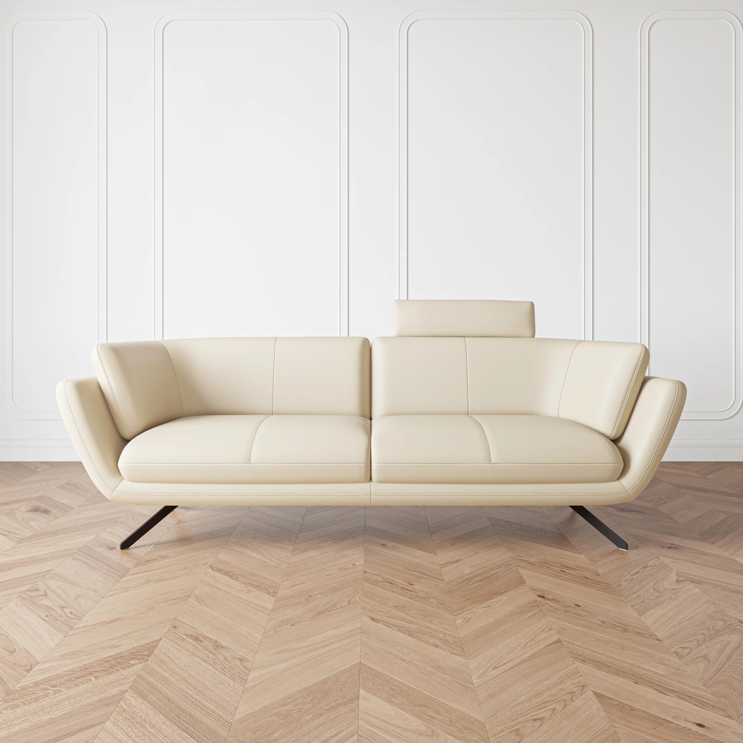 Modern Cream Leather, 3-Seater Sofa with Headrest & Black Steel Legs, Living Room Sofa
