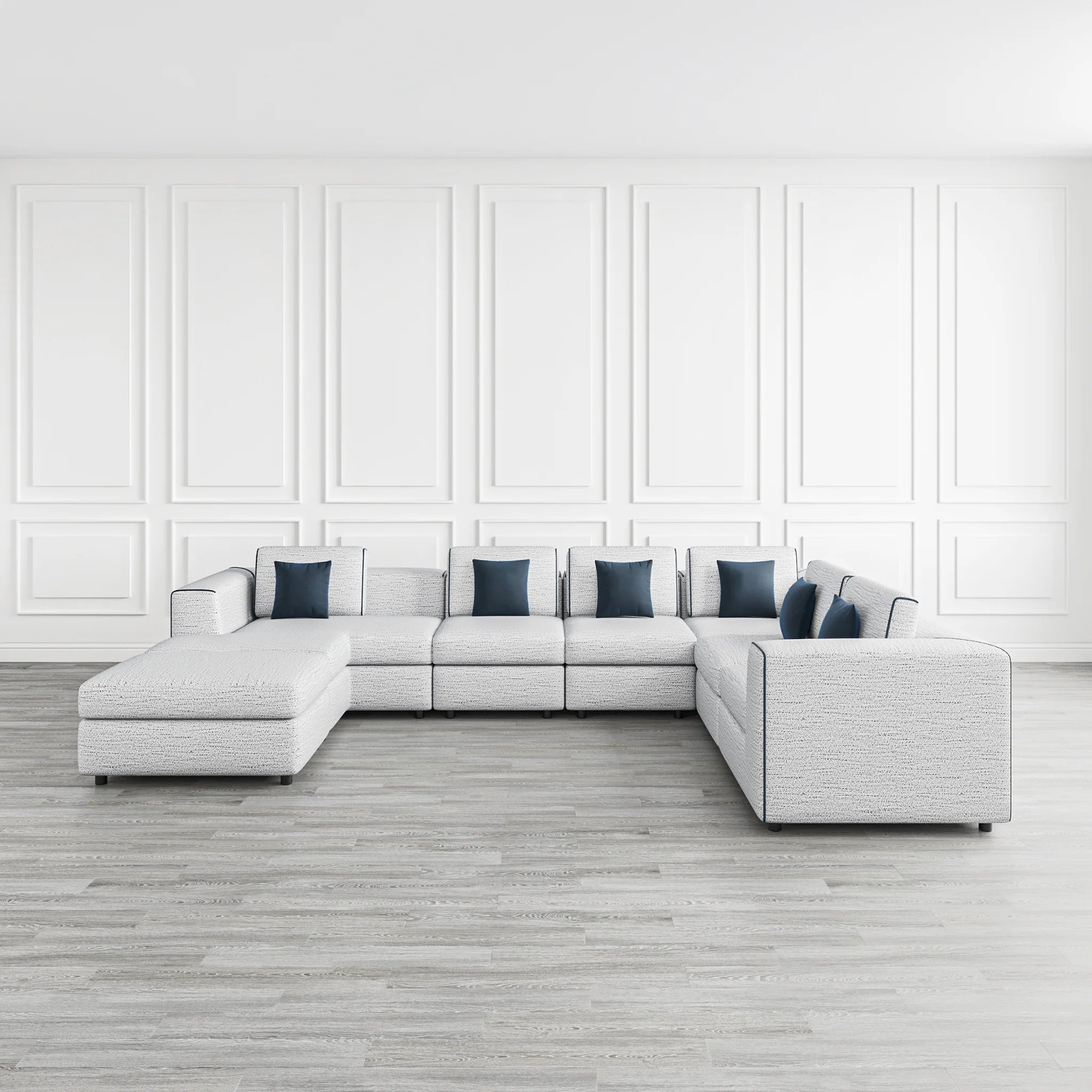 Modern Gray Chenille, 7-Piece Sectional Sofa with Ottoman & Navy Accent Pillows, Living Room Sofa
