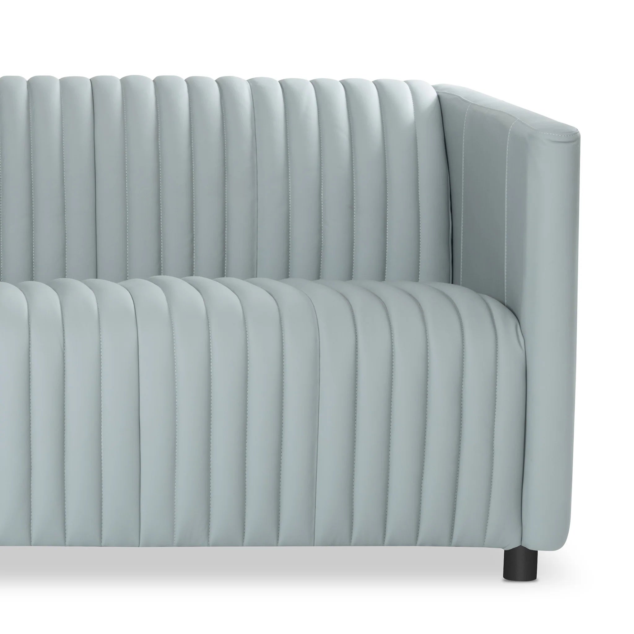 Modern Gray Leather, 3-Seater Sofa with Channel Tufting & Black Wood Legs, Living Room Sofa