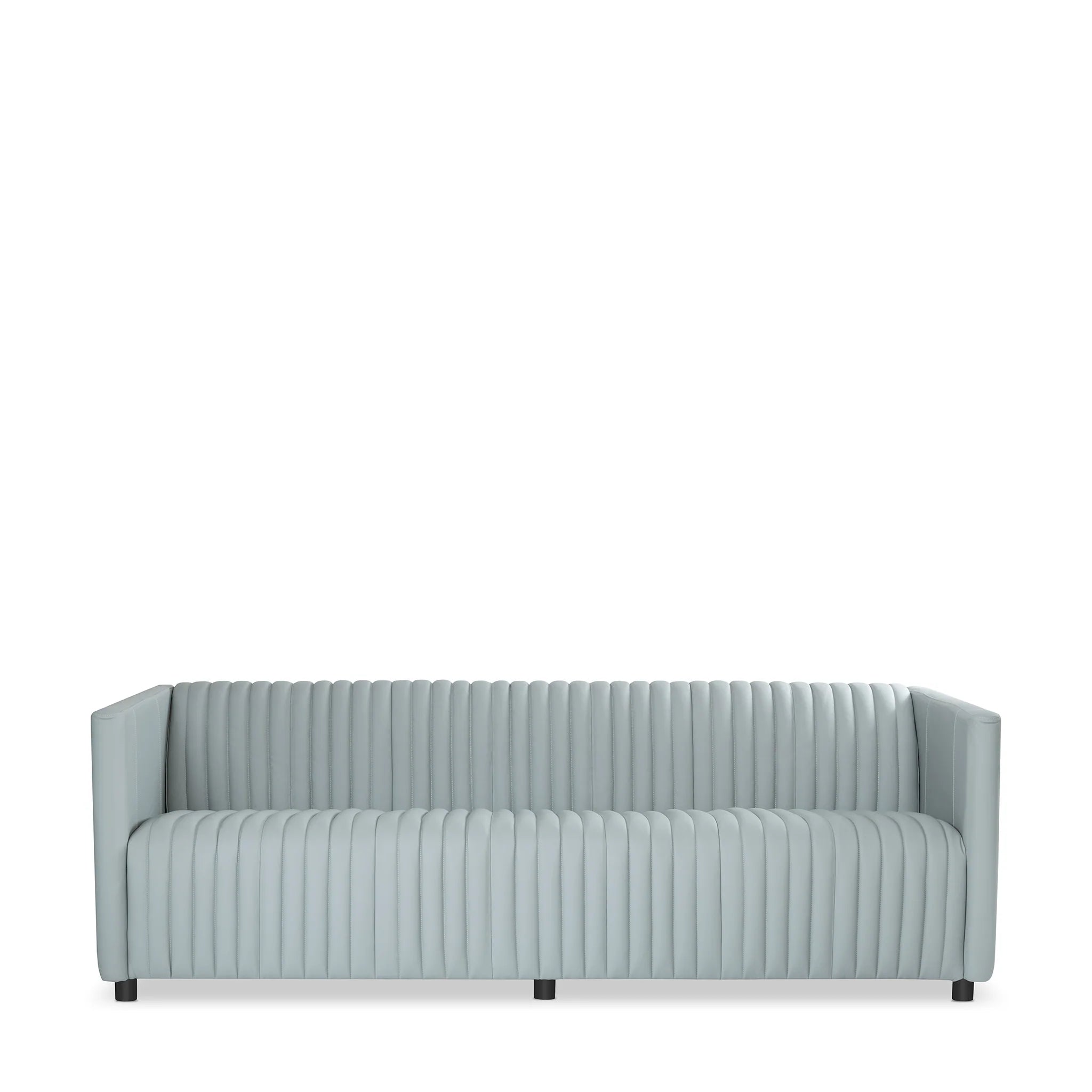 Modern Gray Leather, 3-Seater Sofa with Channel Tufting & Black Wood Legs, Living Room Sofa