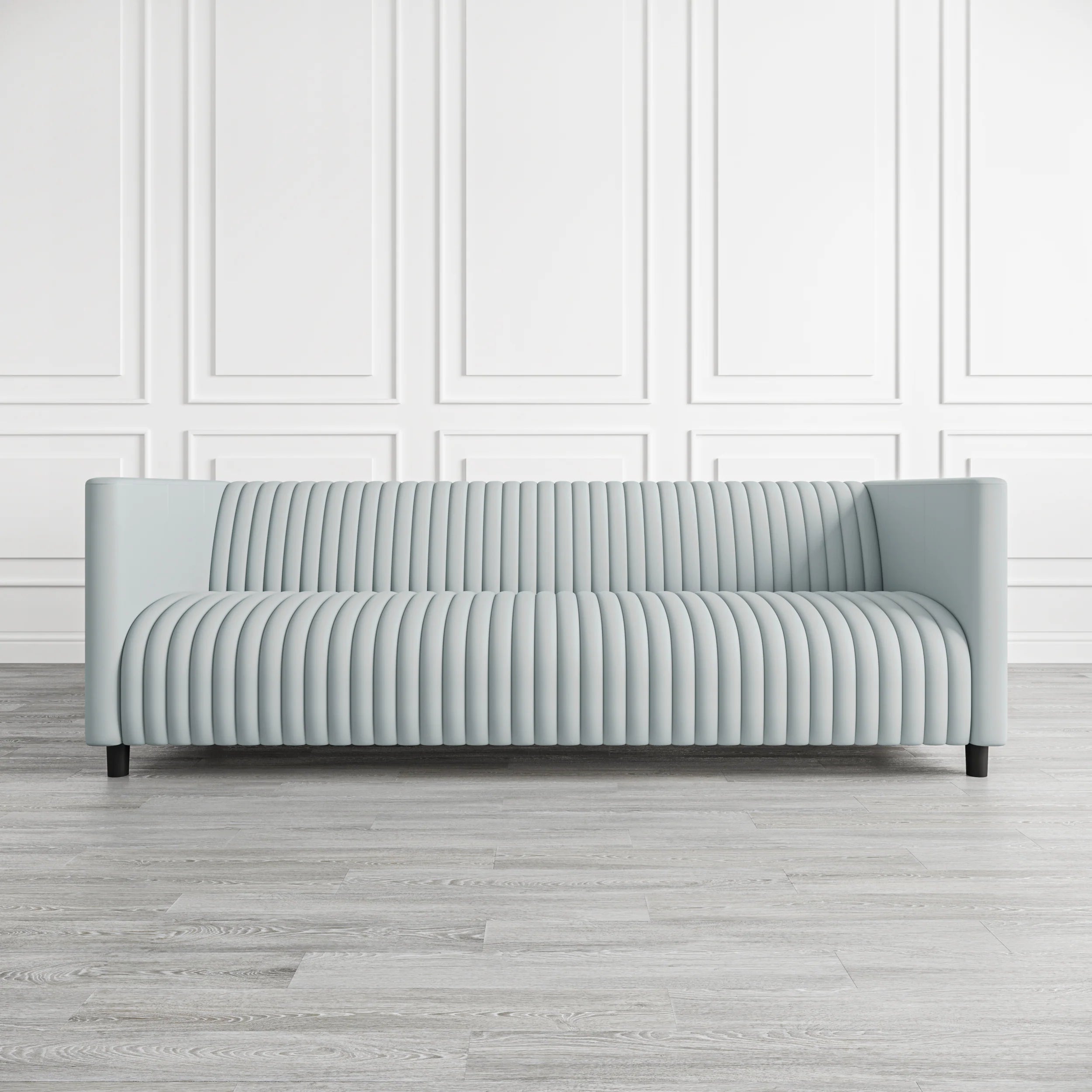 Modern Gray Leather, 3-Seater Sofa with Channel Tufting & Black Wood Legs, Living Room Sofa