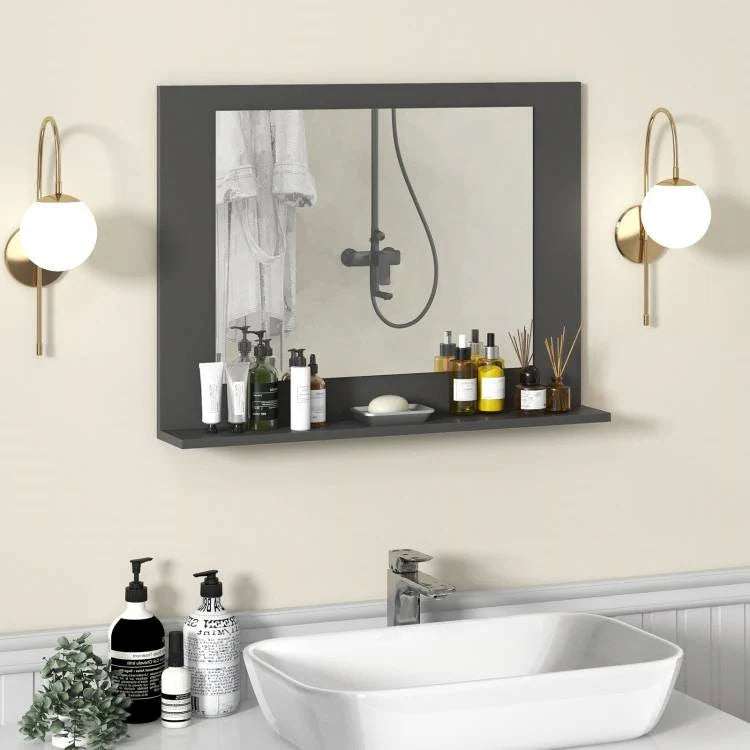 Rectangular Wall Mirror with Shelf, Gray Wood 23x17 Inch, Bathroom Storage Mirror