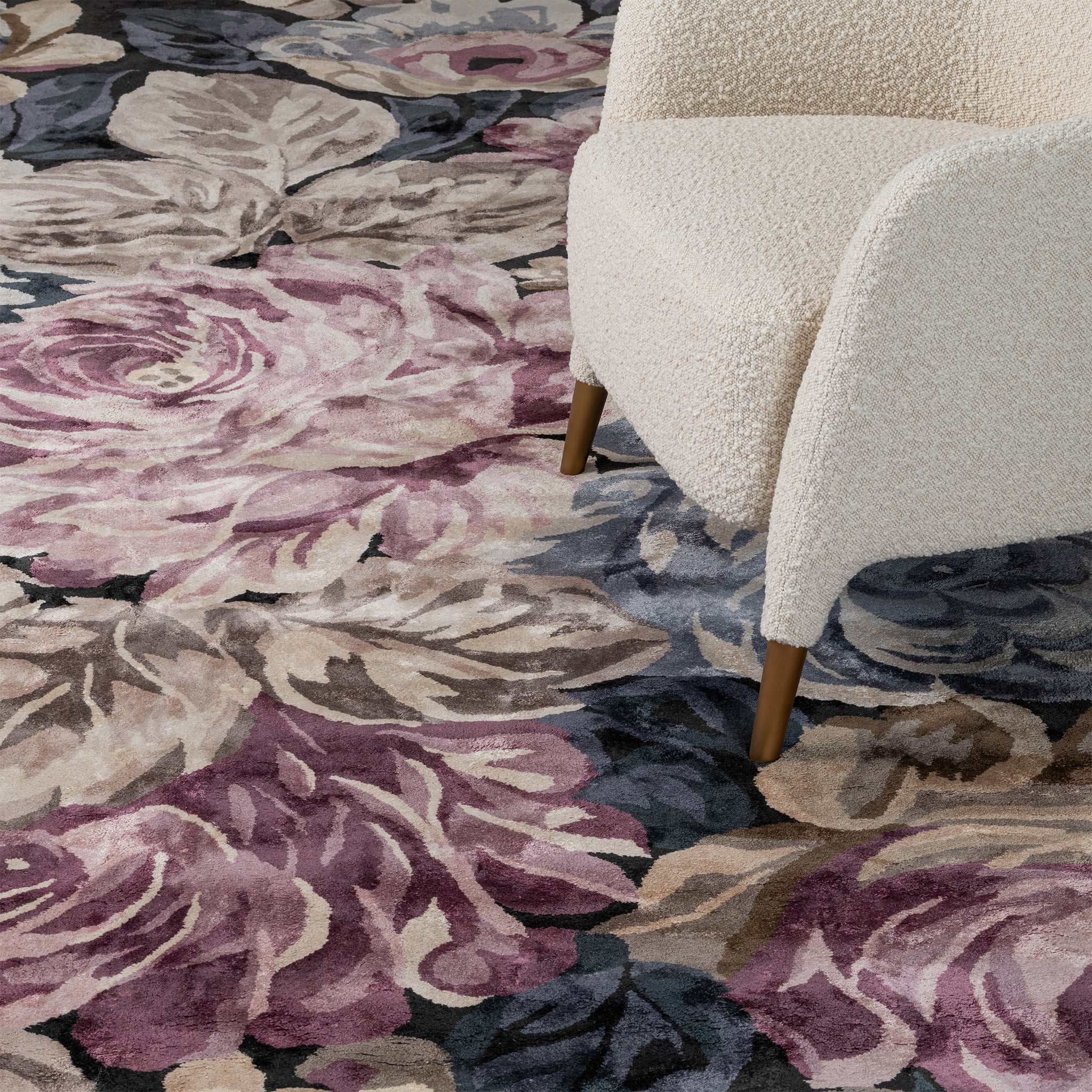 Elegant Black Floral, Living Room Carpet with Pink & Purple Accents, Hand-Tufted Viscose 8x11 Area Rug