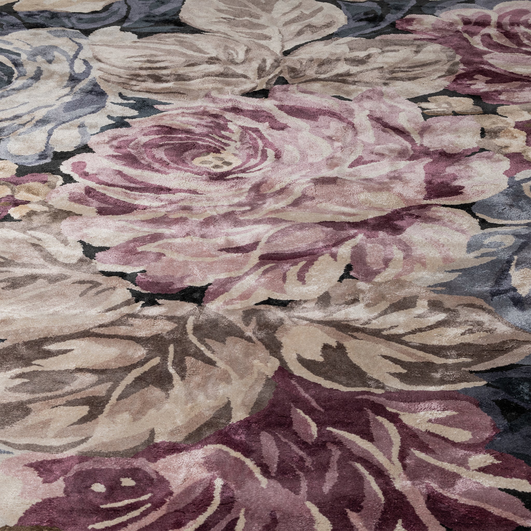 Elegant Black Floral, Living Room Carpet with Pink & Purple Accents, Hand-Tufted Viscose 8x11 Area Rug