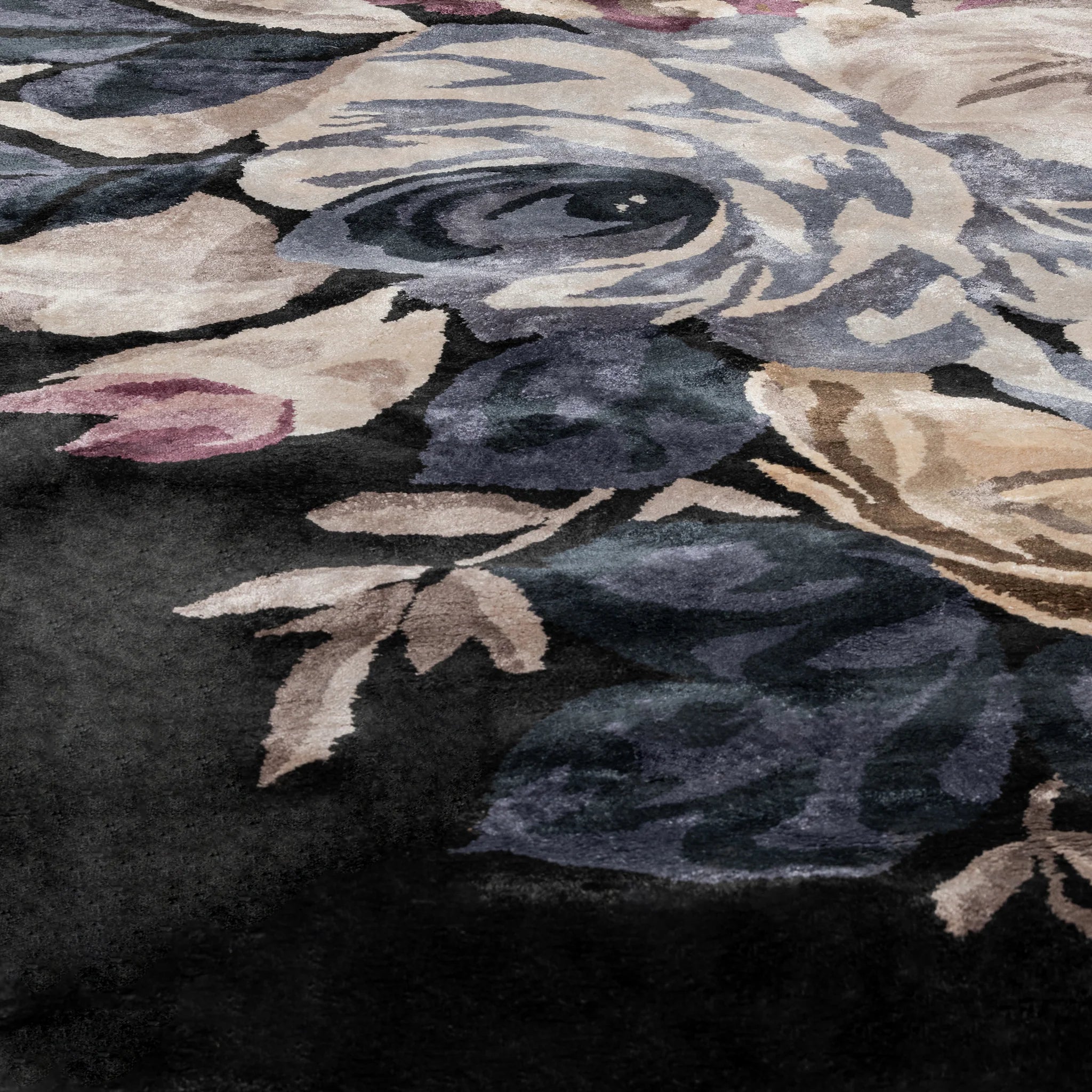 Elegant Black Floral, Living Room Carpet with Pink & Purple Accents, Hand-Tufted Viscose 8x11 Area Rug