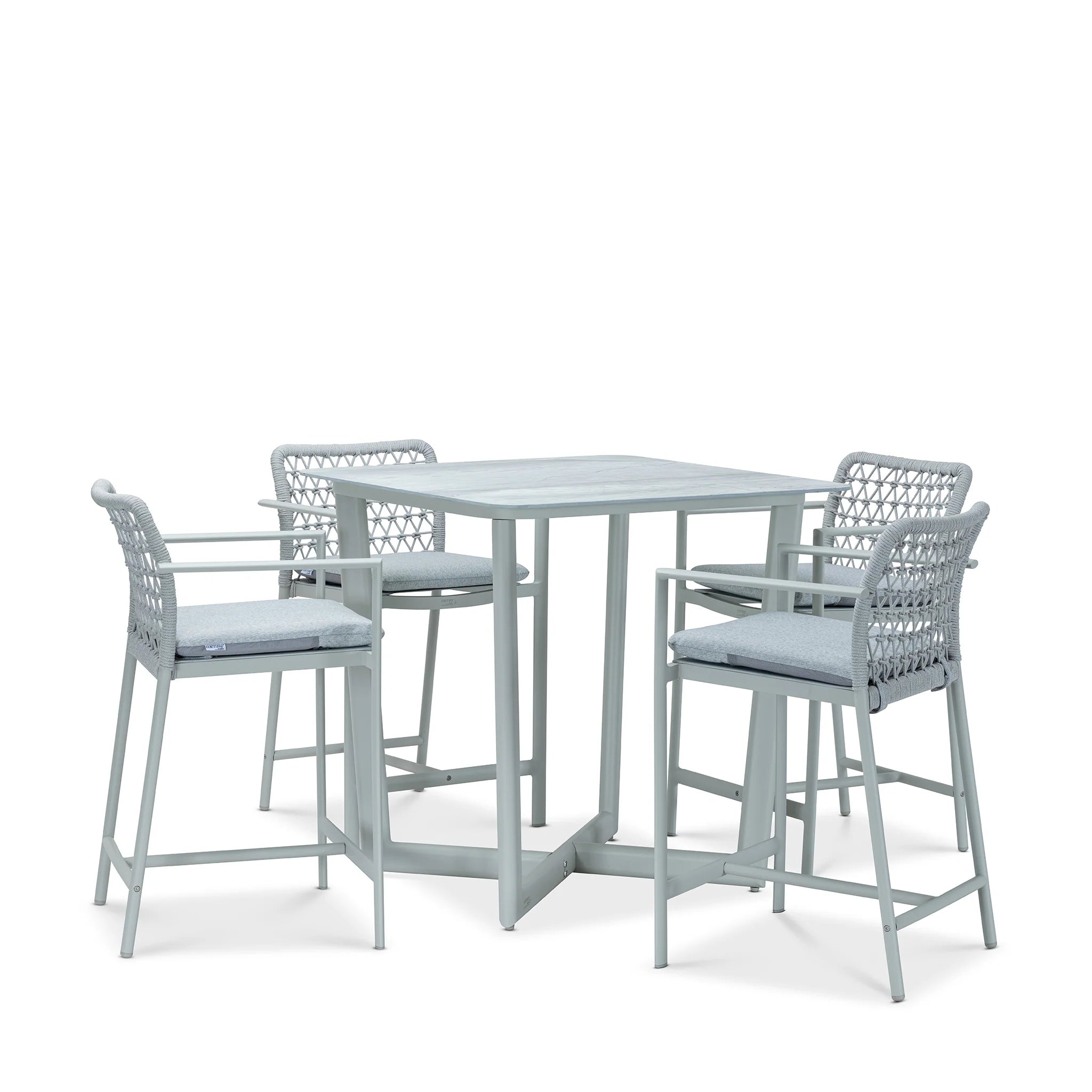 Modern Light Gray Outdoor Dining Set with Marble Top Table & 4 Woven Chairs, Patio Furniture Set