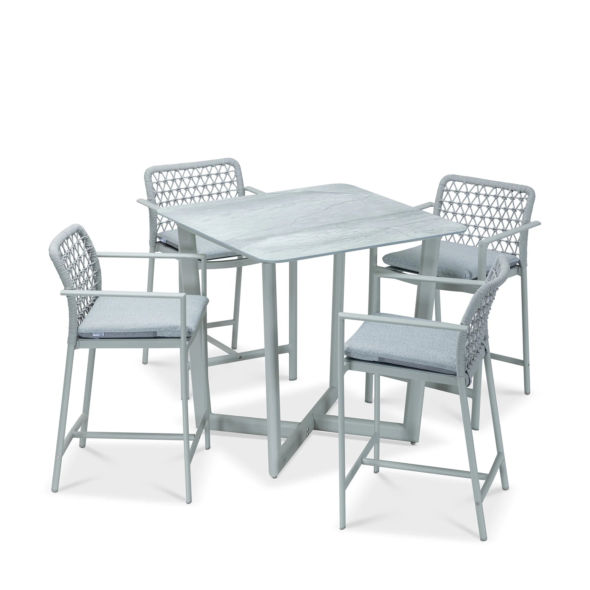 Modern Light Gray Outdoor Dining Set with Marble Top Table & 4 Woven Chairs, Patio Furniture Set