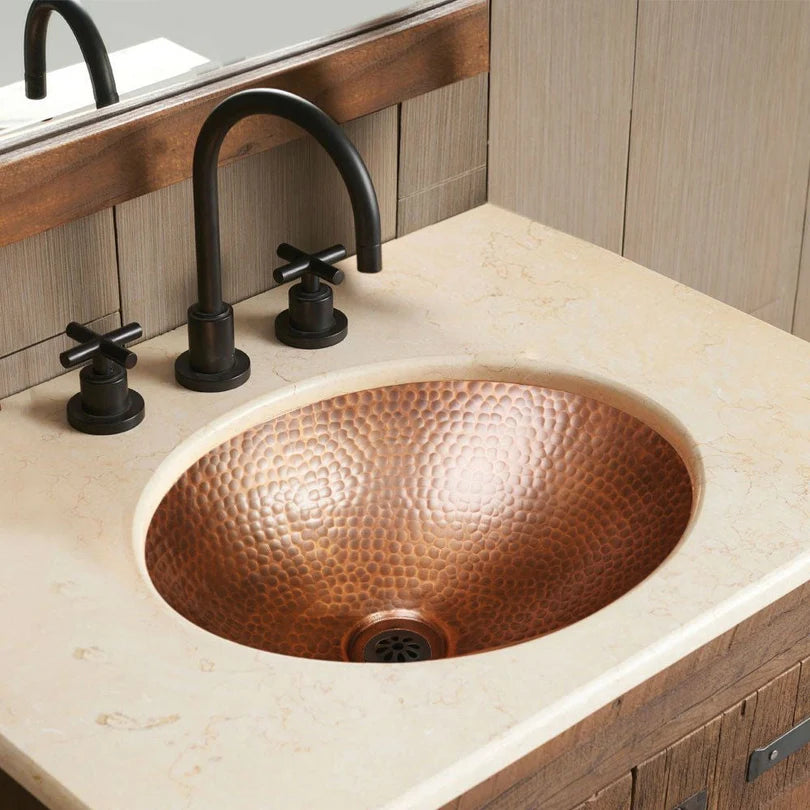 Hammered Copper Vessel Sink, Oval 17x13 Inch, Rustic Bathroom Vanity Sink