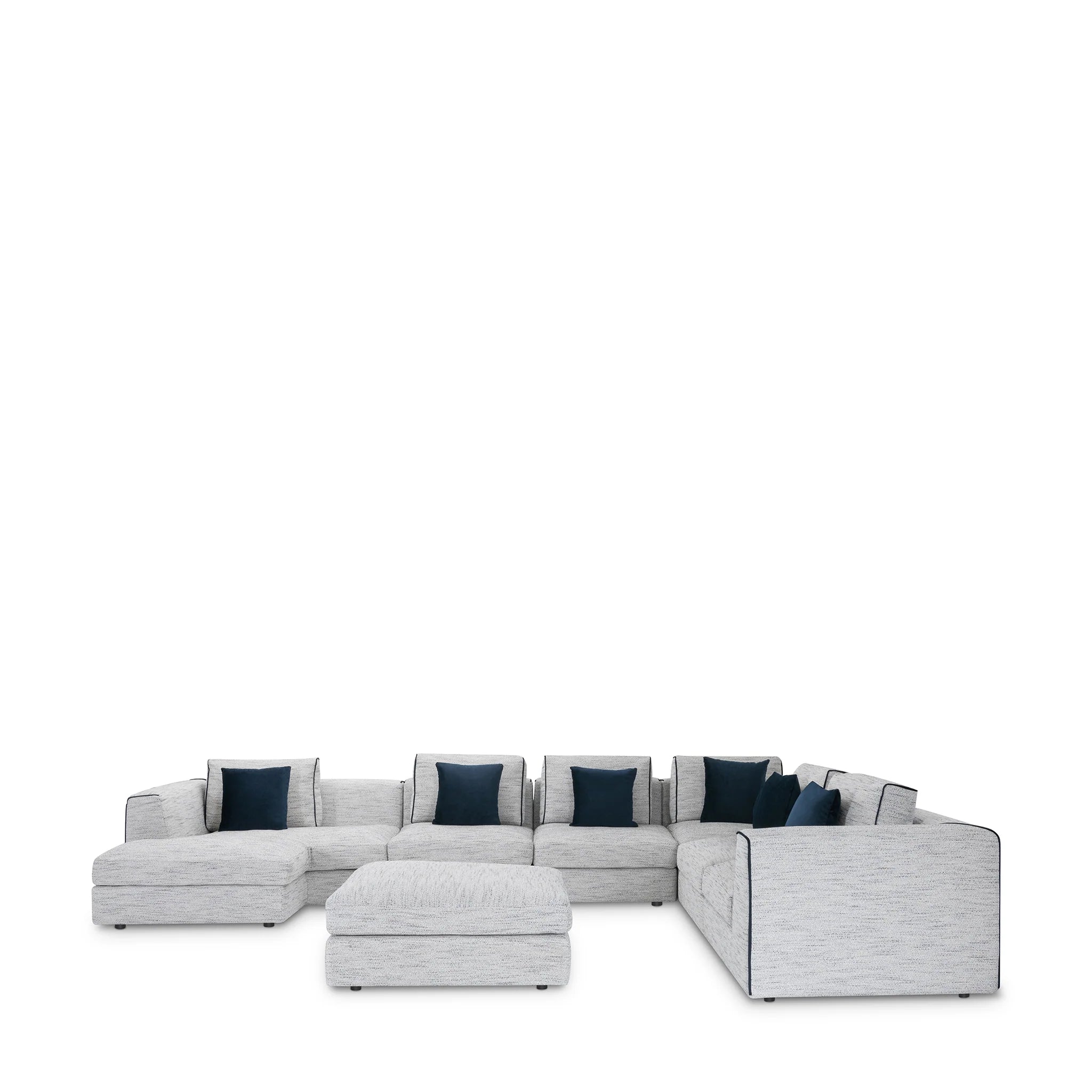 Modern Gray Chenille, 7-Piece Sectional Sofa with Ottoman & Navy Accent Pillows, Living Room Sofa
