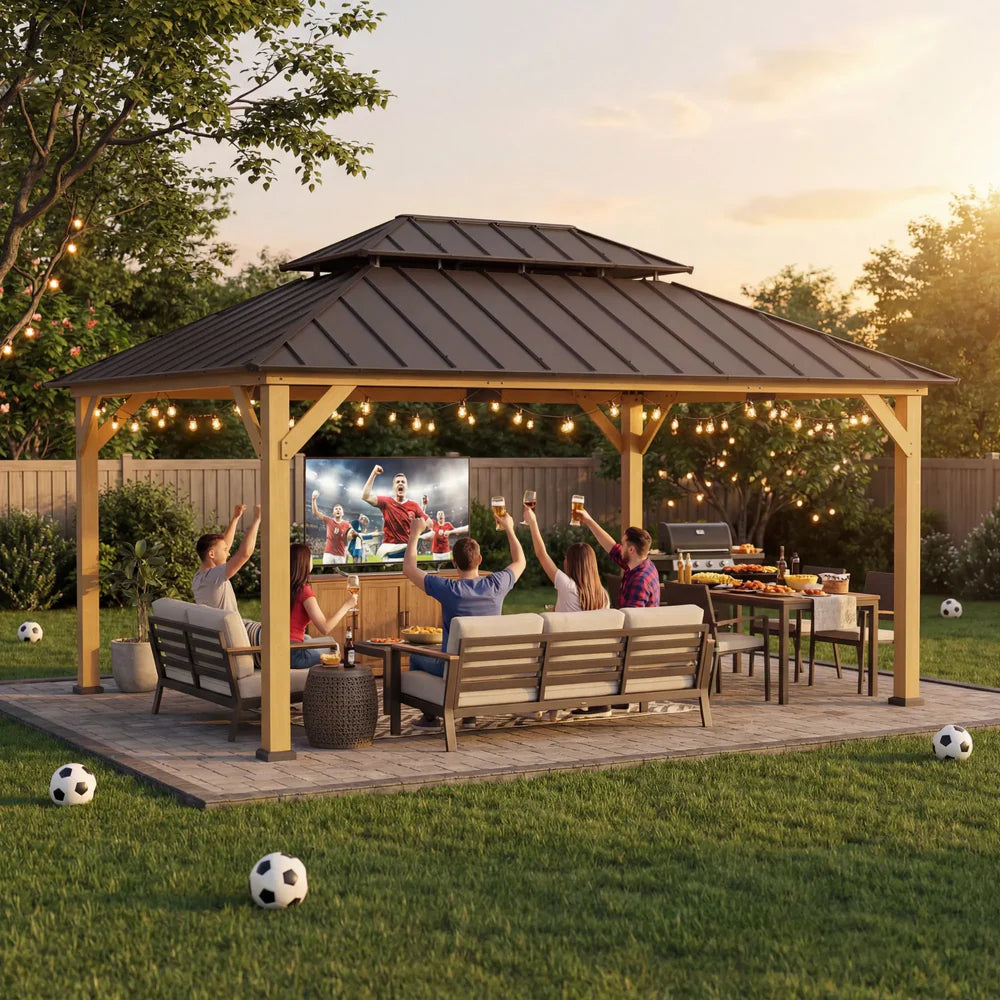 Outdoor Cedar Wood Gazebo with 2-Tier Metal Roof & Ceiling Hook, 12x16 ft Patio Pavilion