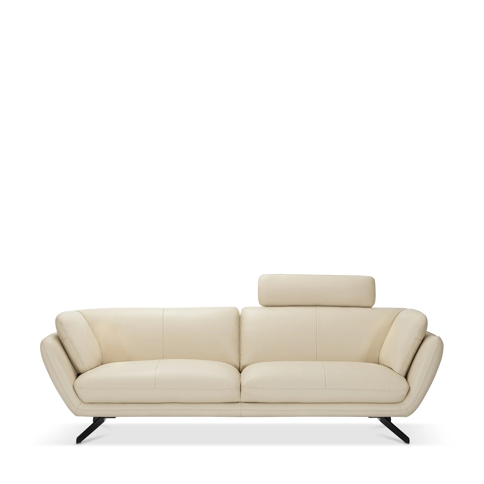 Modern Cream Leather, 3-Seater Sofa with Headrest & Black Steel Legs, Living Room Sofa