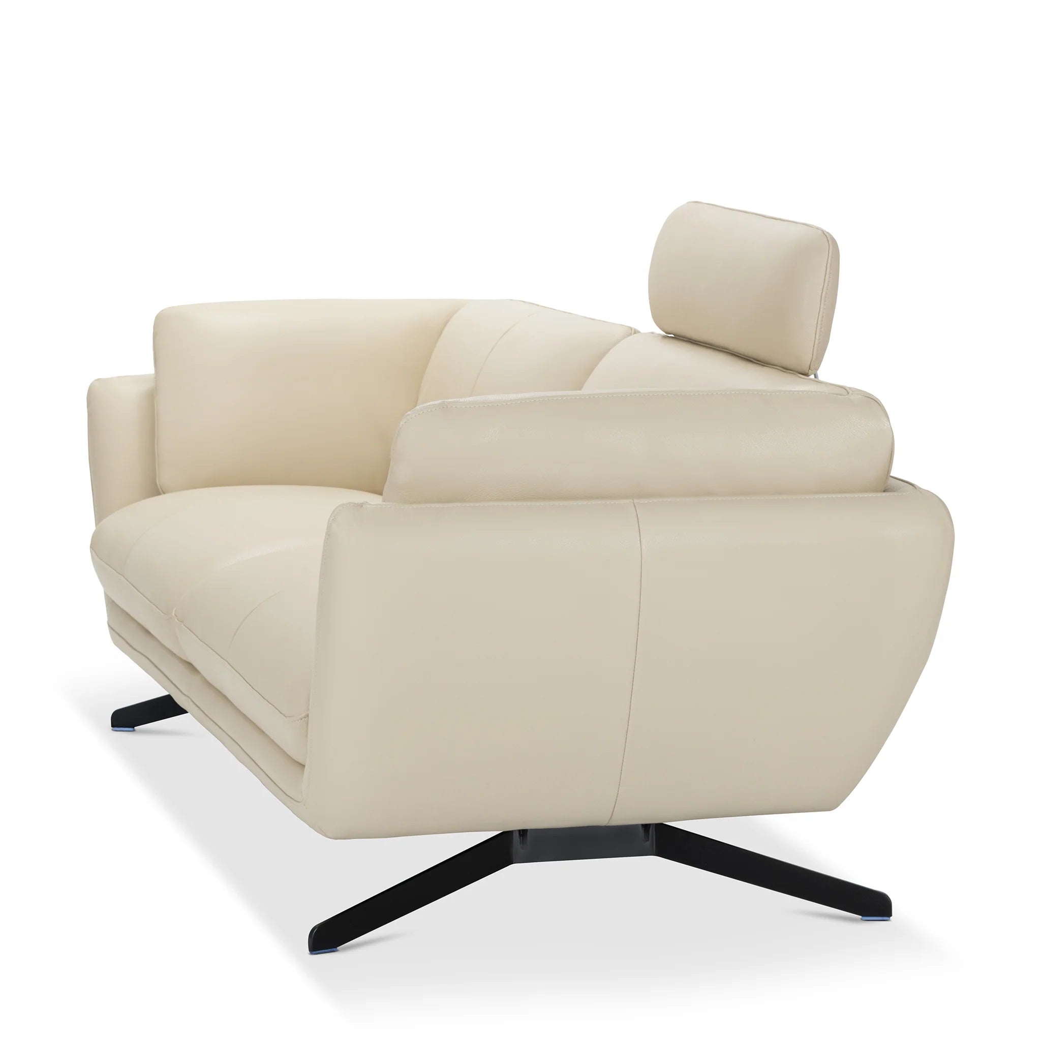 Modern Cream Leather, 3-Seater Sofa with Headrest & Black Steel Legs, Living Room Sofa