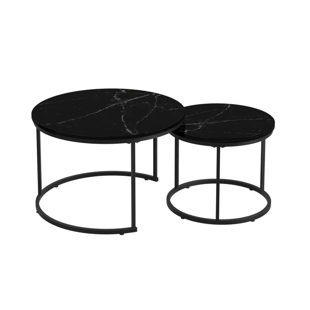 Modern Nesting Center Table Set Black Marble Finish 2 Piece Round Coffee Tables