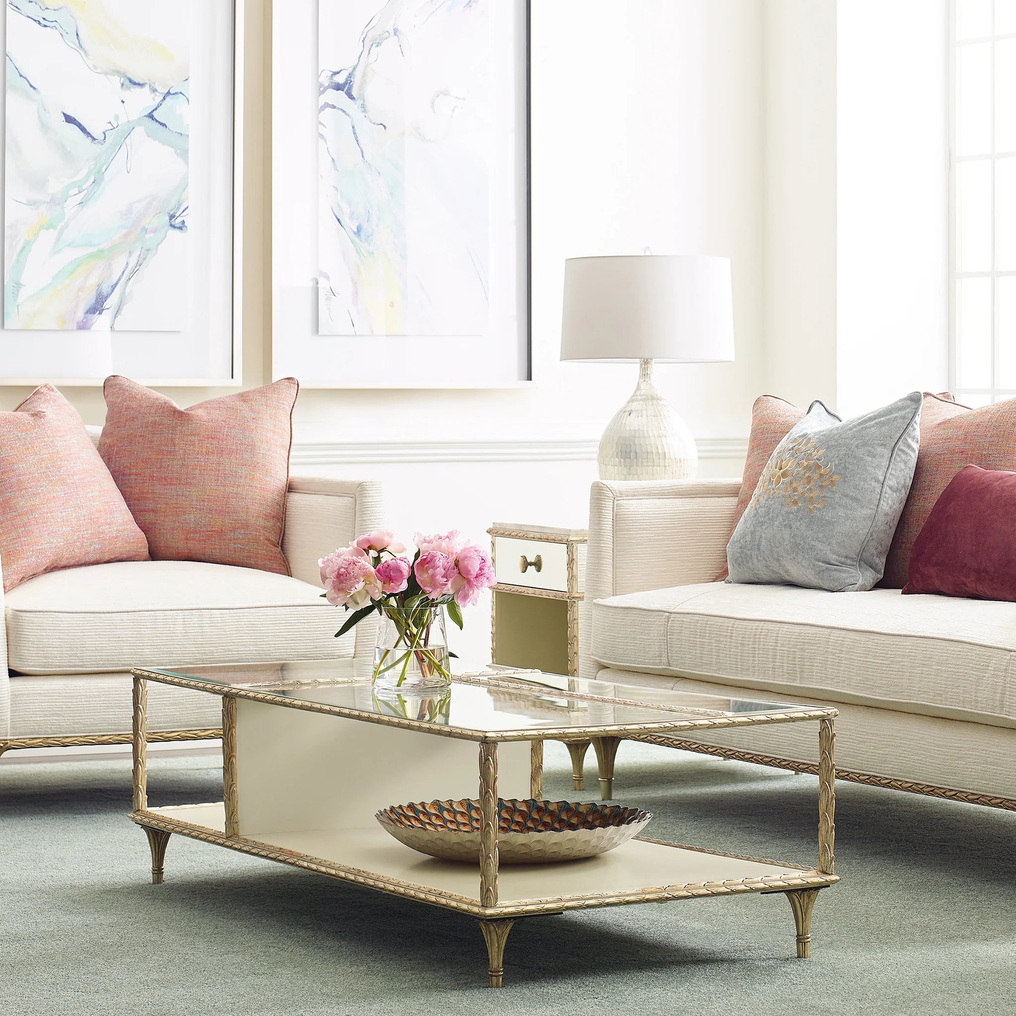 Elegant Gold Frame Glass, Living Room Center Table with Shelf Storage, Rectangular Coffee Table