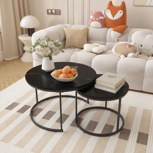 Modern Nesting Center Table Set Black Marble Finish 2 Piece Round Coffee Tables