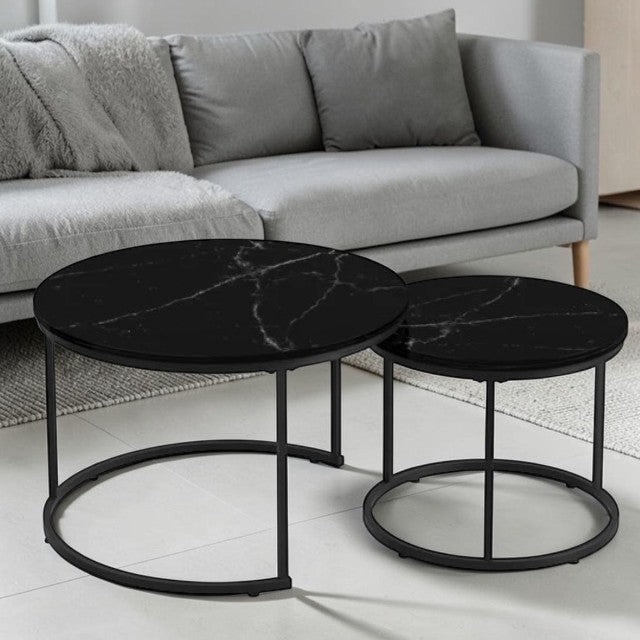 Modern Nesting Center Table Set Black Marble Finish 2 Piece Round Coffee Tables