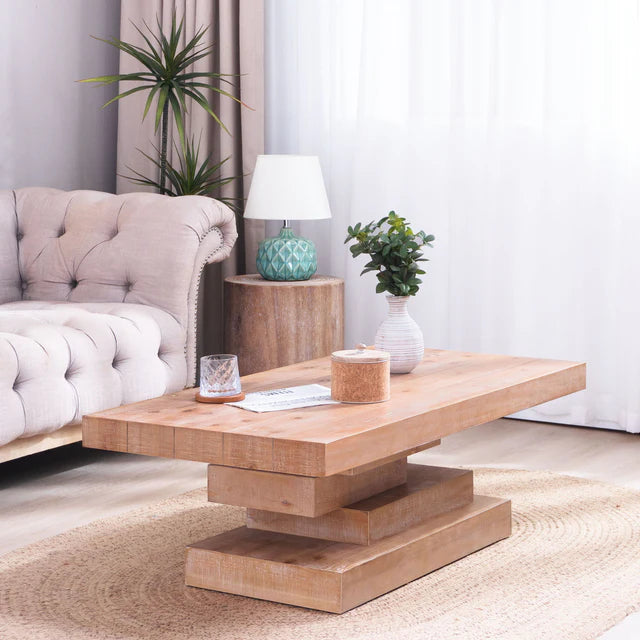 Modern Rustic Center Table Natural Wood Finish, Rectangular Coffee Table