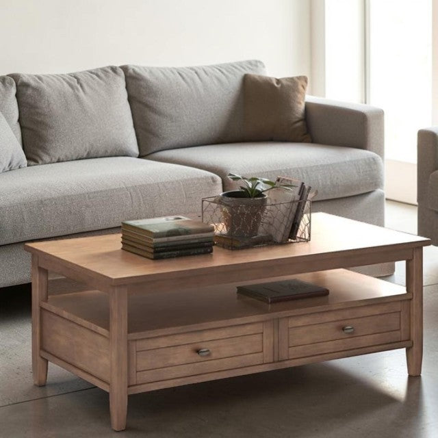 Rustic Shaker Center Table Solid Wood Natural Finish with Storage Drawers, Coffee Table