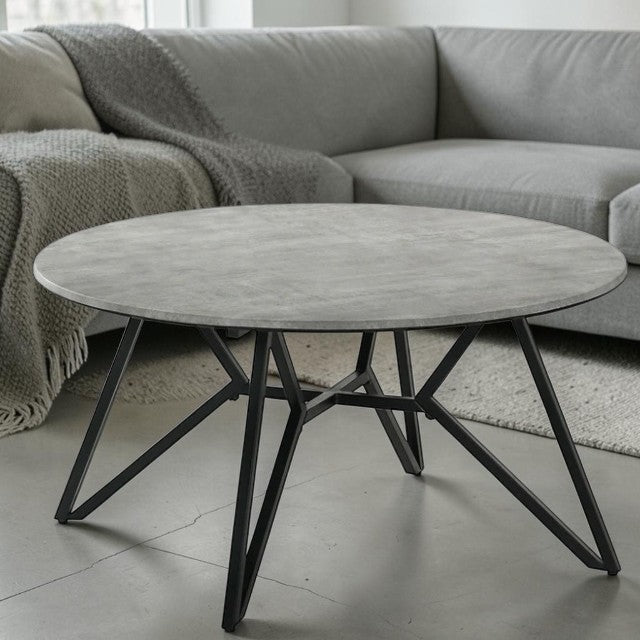 Round Center Table Gray Cement Finish with Metal Geometric Base, Coffee Table