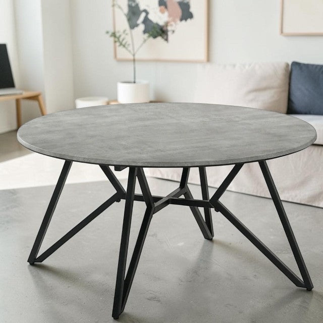 Round Center Table Gray Cement Finish with Metal Geometric Base, Coffee Table