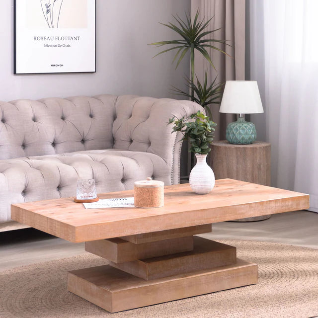 Modern Rustic Center Table Natural Wood Finish, Rectangular Coffee Table