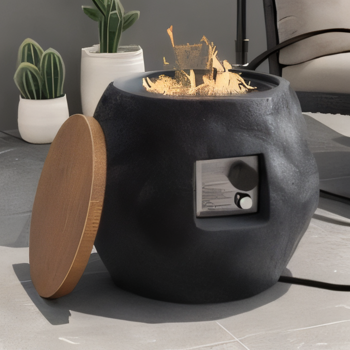 Rustic Round Propane Fire Pit Table Faux Stone Finish with Removable Lid, Outdoor Fire Pit