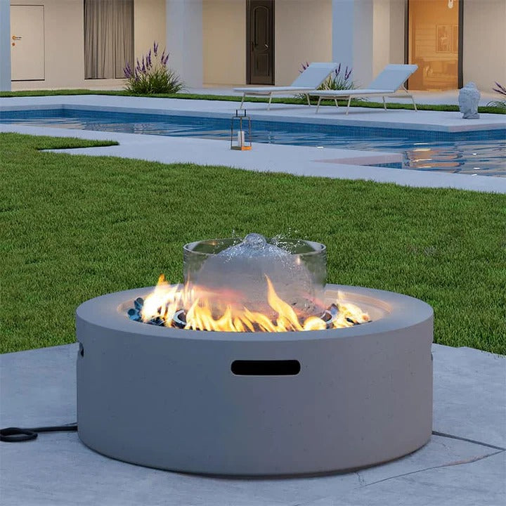Modern Round Propane Fire Pit Table Concrete Finish Glass Wind Guard, Outdoor Fire Pit