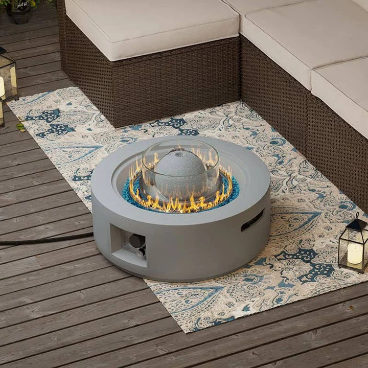 Modern Round Propane Fire Pit Table Concrete Finish Glass Wind Guard, Outdoor Fire Pit