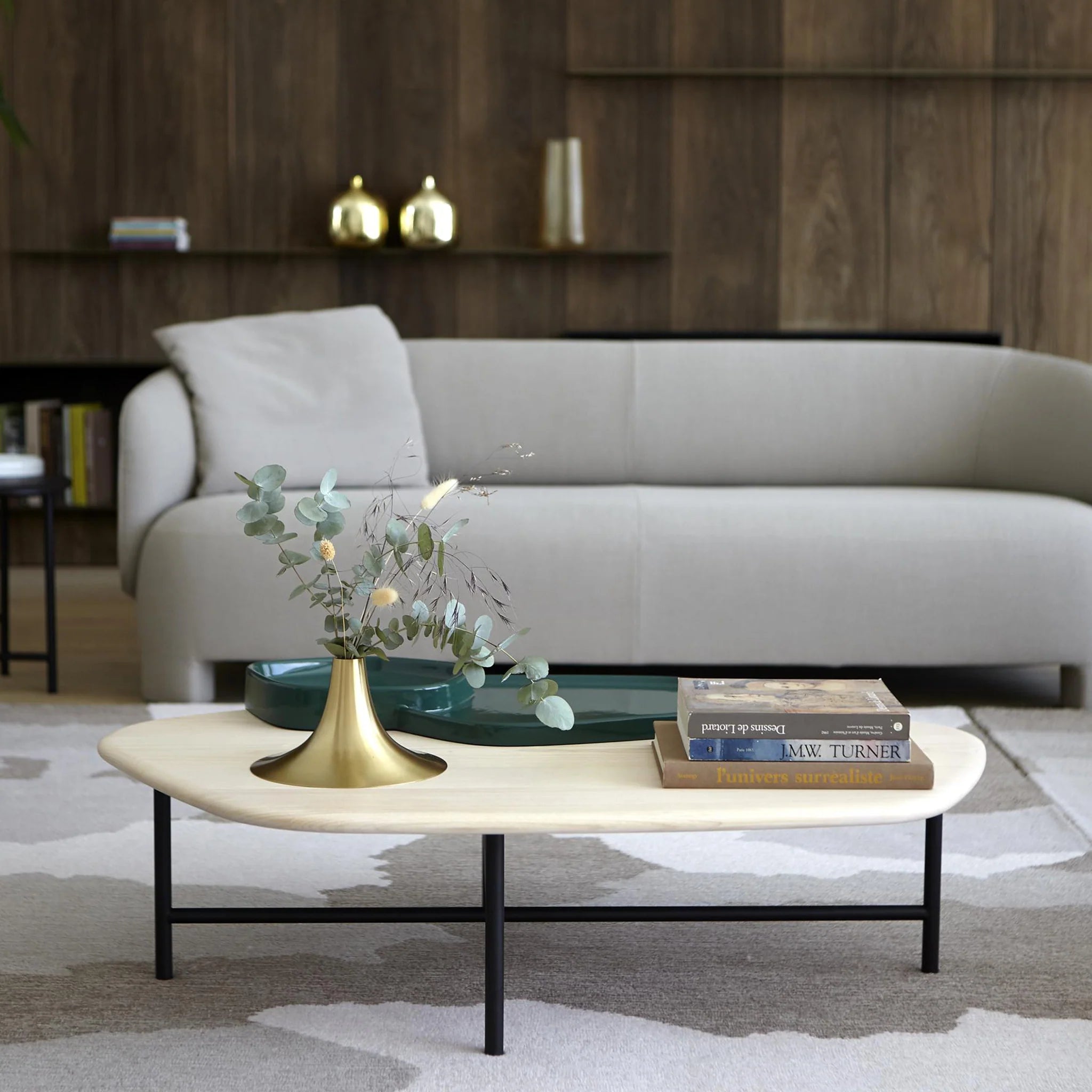 Modern Natural Ash Wood, Living Room Center Table with Green Ceramic Tray & Black Steel Base