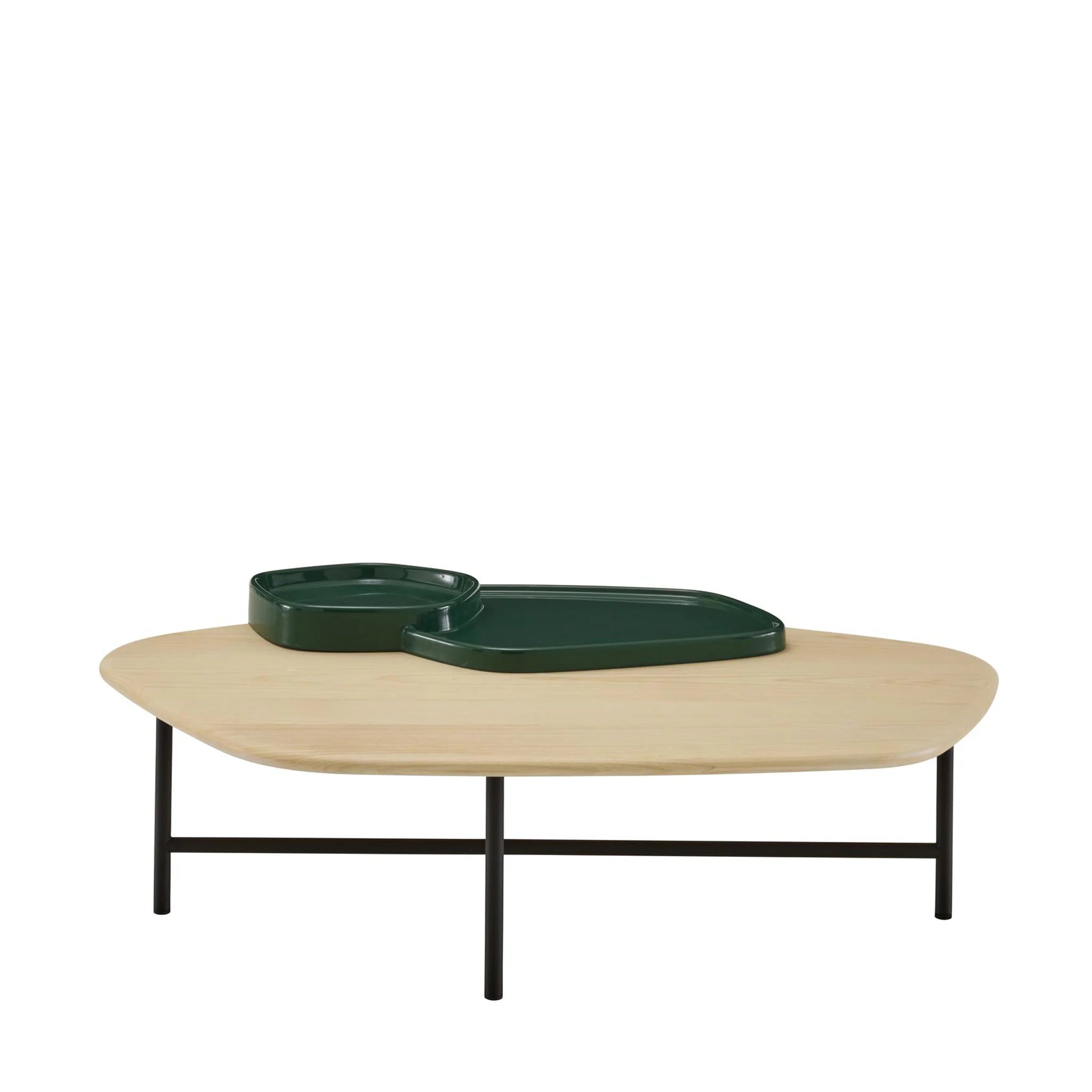 Modern Natural Ash Wood, Living Room Center Table with Green Ceramic Tray & Black Steel Base