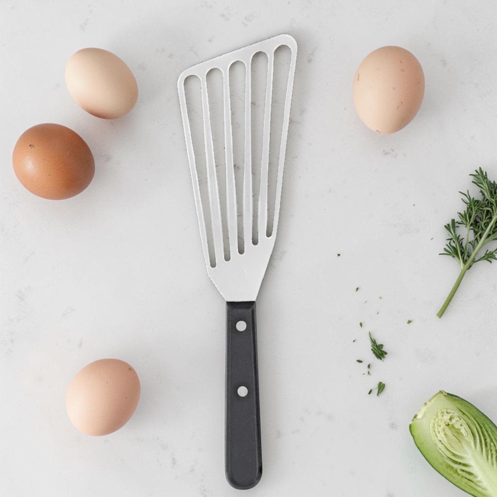 Stainless Steel Slotted Fish Spatula with Black Handle, 6.5 Inch, Kitchen Tool