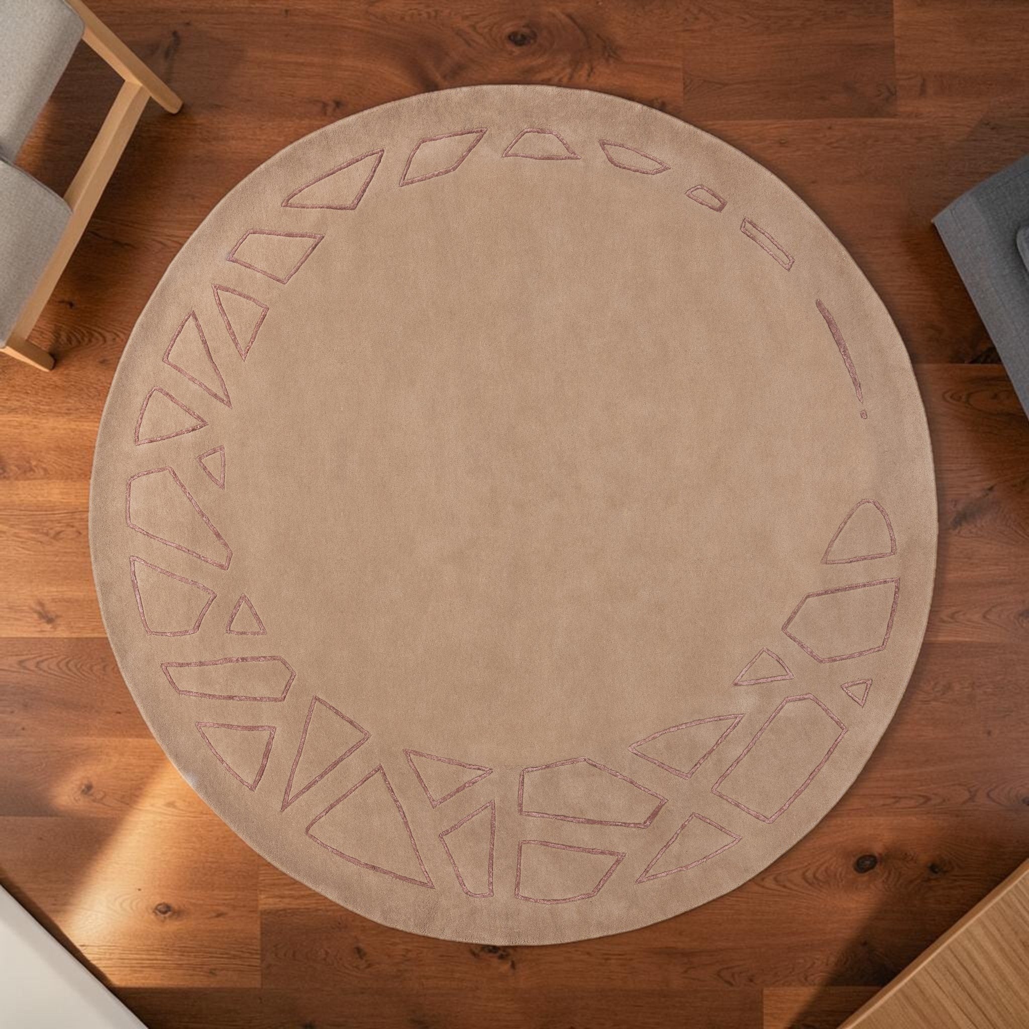 Modern Beige, Geometric Round Living Room Carpet, Hand-Tufted Wool Blend 9 ft Rug
