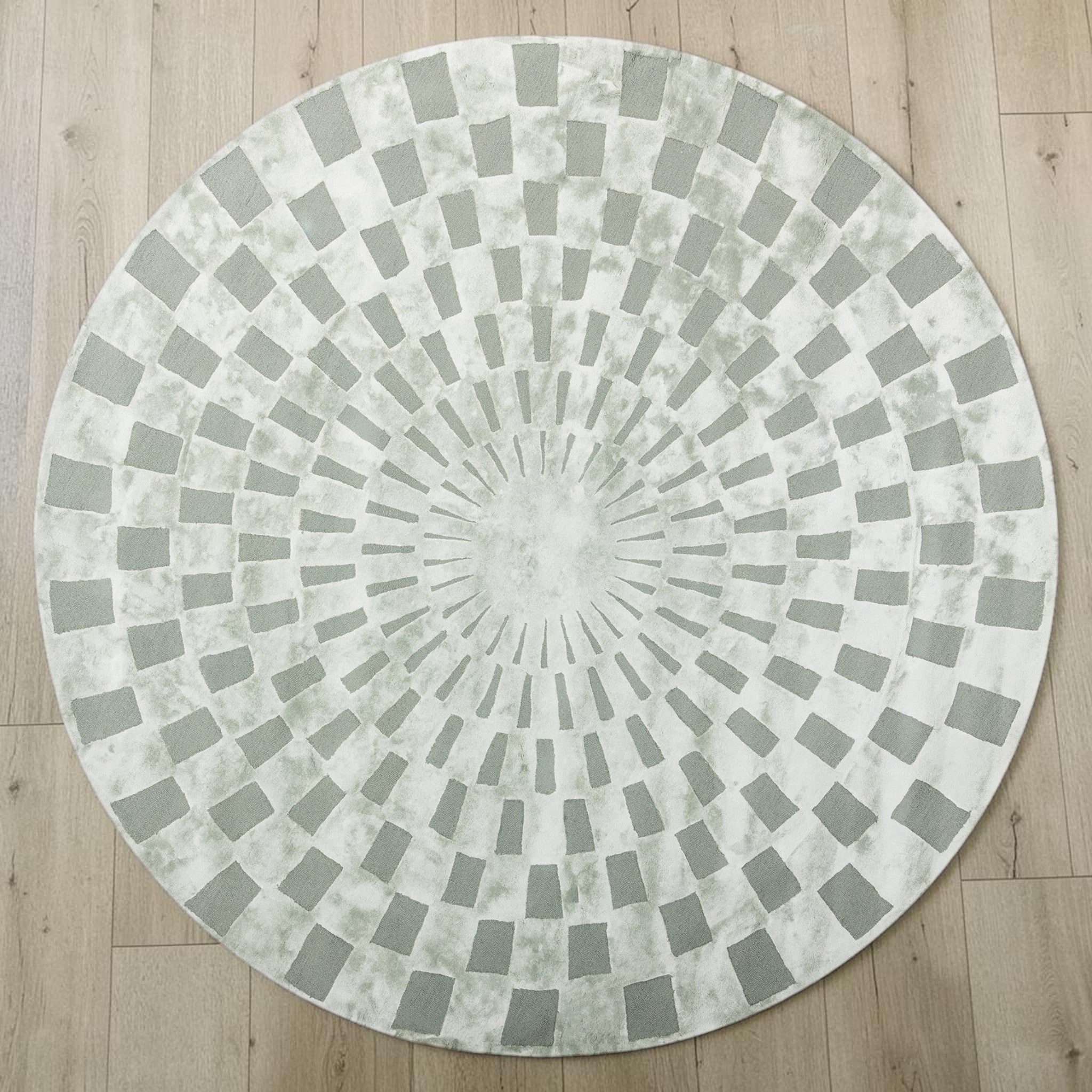 Modern Gray Radial Pattern, Round Living Room Carpet, Hand-Tufted Wool Blend 11.5 ft Rug