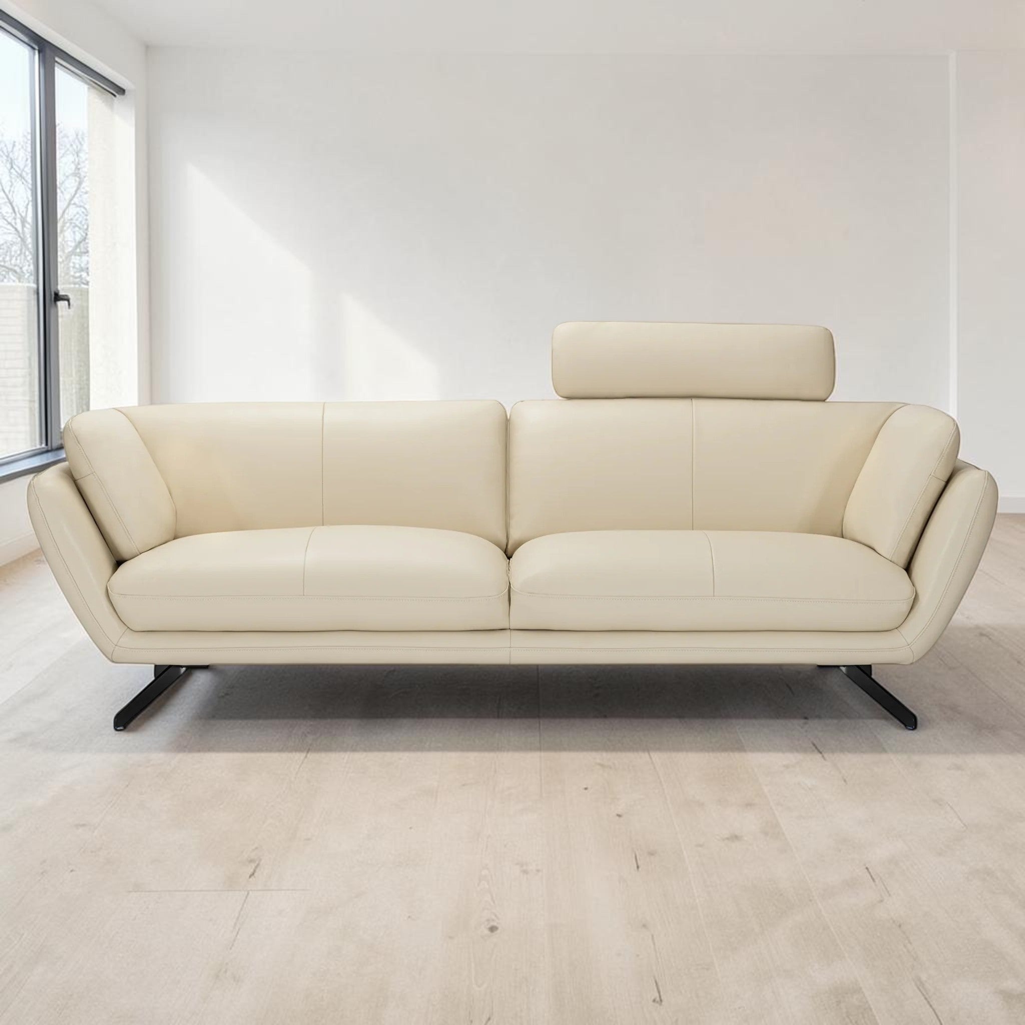Modern Cream Leather, 3-Seater Sofa with Headrest & Black Steel Legs, Living Room Sofa