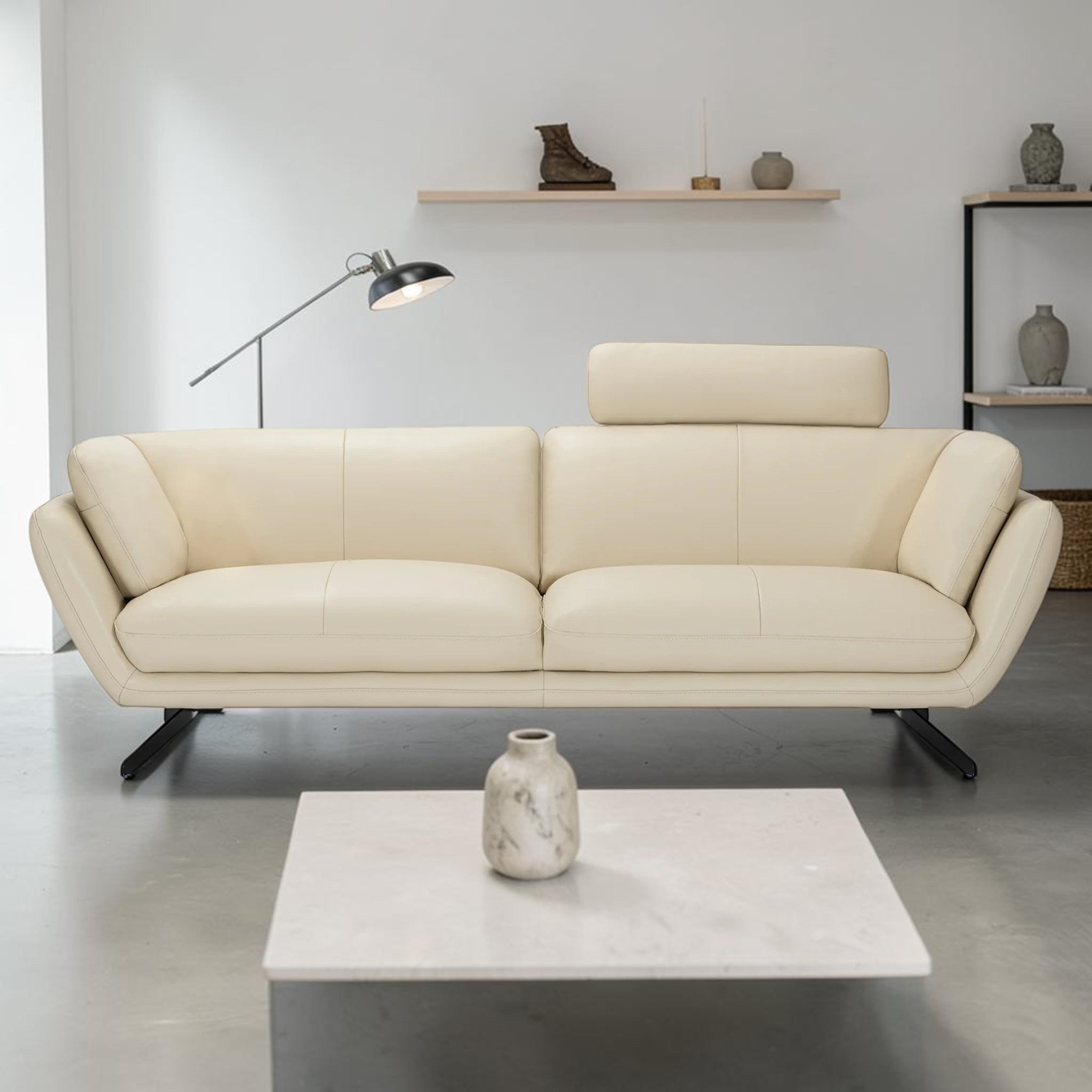 Modern Cream Leather, 3-Seater Sofa with Headrest & Black Steel Legs, Living Room Sofa
