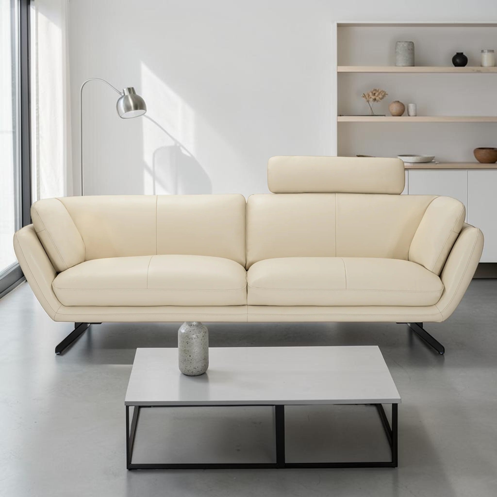 Modern Cream Leather, 3-Seater Sofa with Headrest & Black Steel Legs, Living Room Sofa