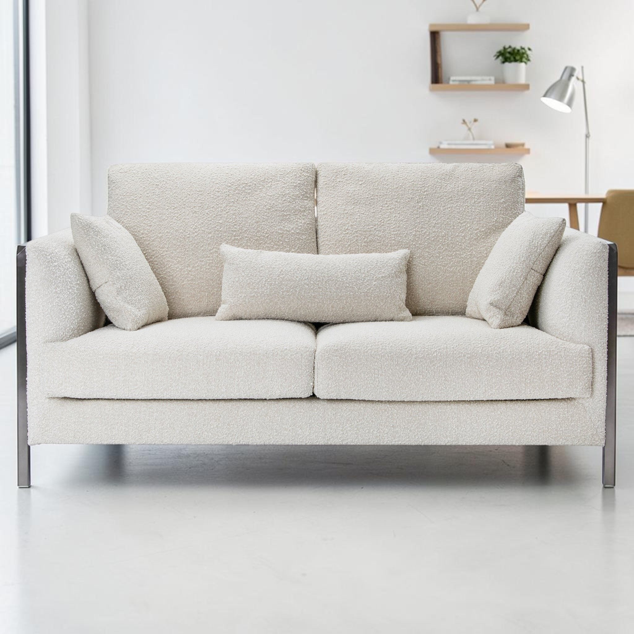 Modern Beige Bouclé, Loveseat Sofa with Cushions & Brushed Nickel Steel Legs, Living Room Sofa